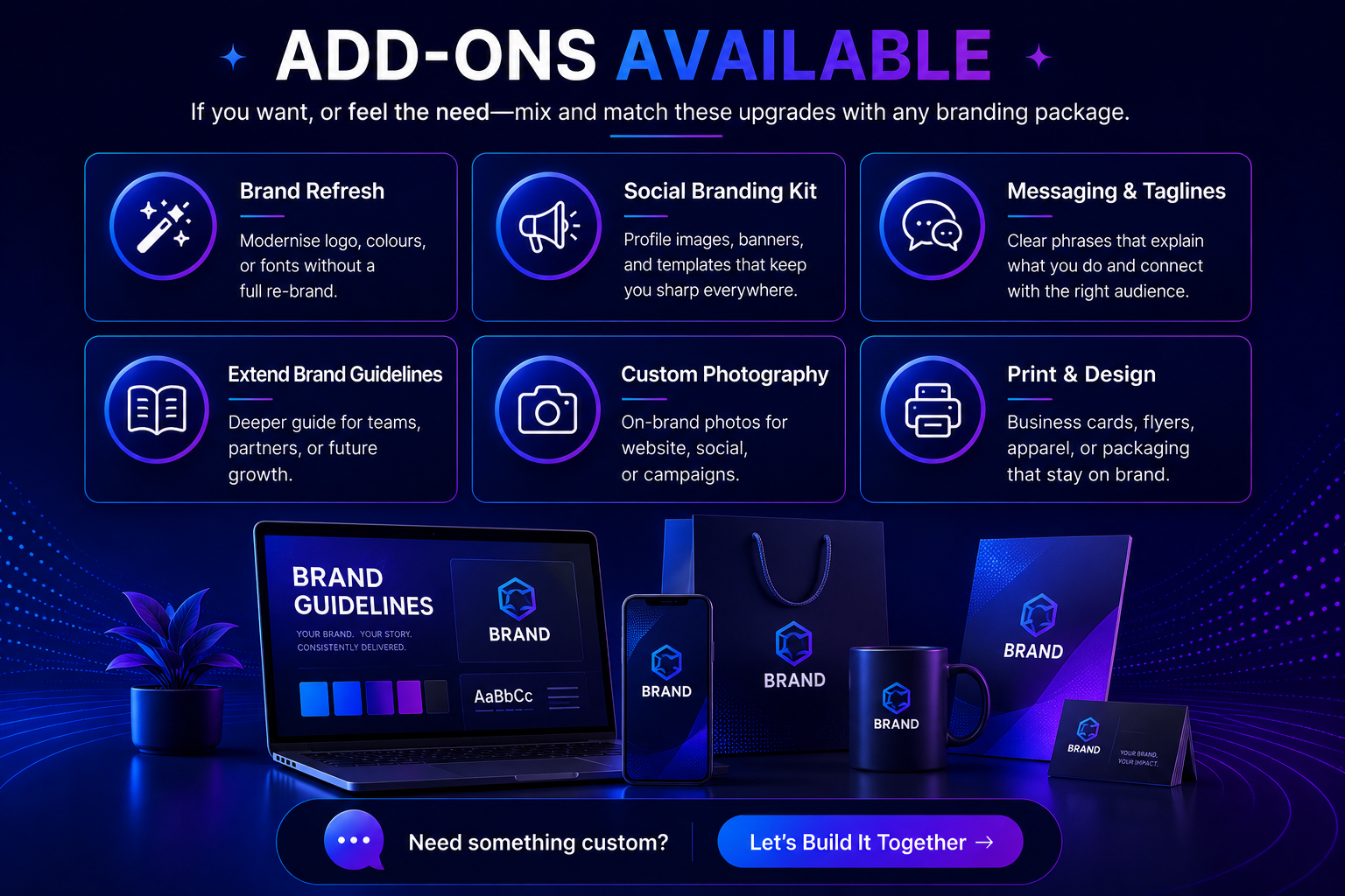 Pulse Digital Co. branding add-ons including brand refresh, social branding, messaging, guidelines, photography, and print design